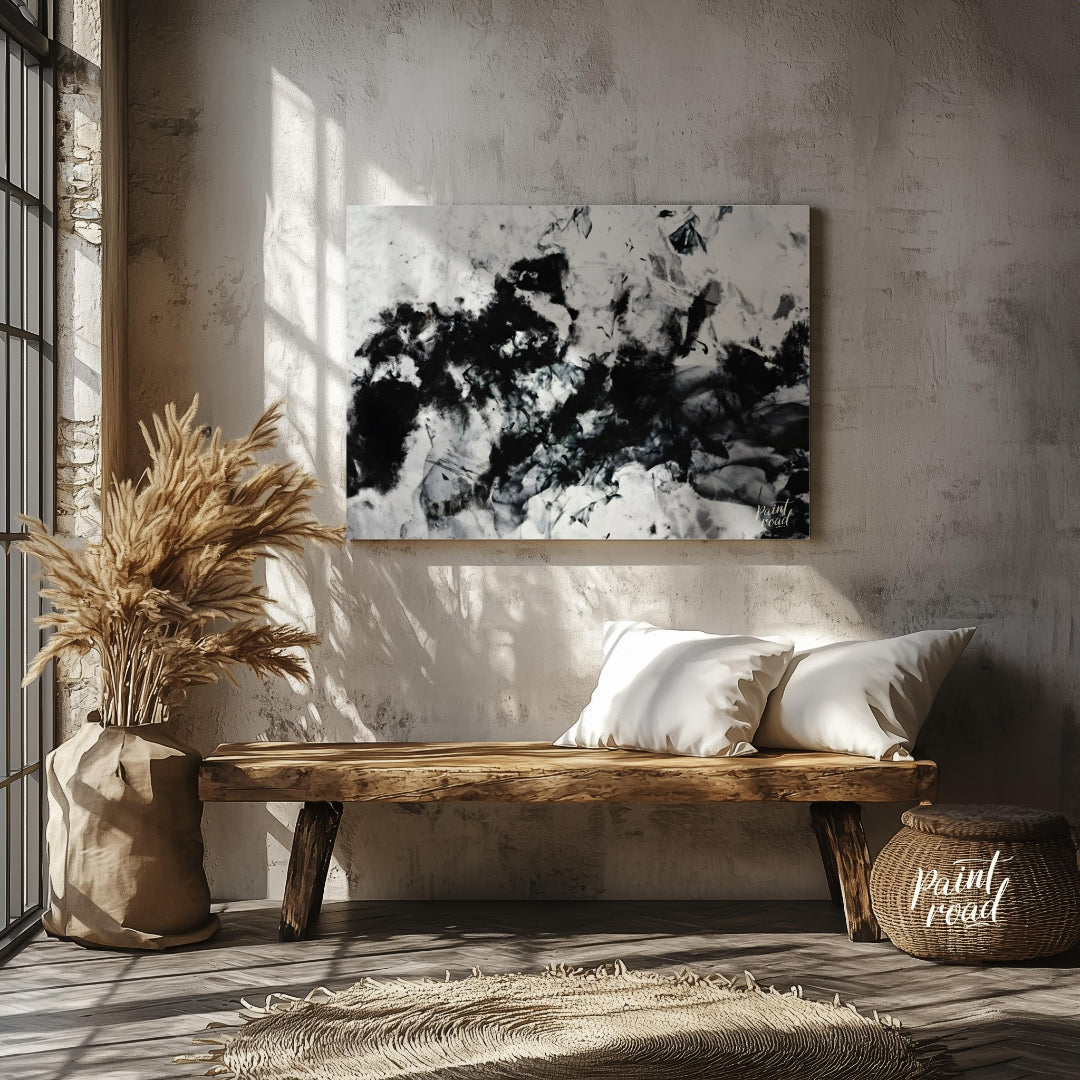 """Ink Nebula"" presents an abstract composition with a dynamic interplay of black ink against a li… for living room