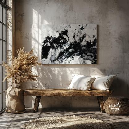 """Ink Nebula"" presents an abstract composition with a dynamic interplay of black ink against a li… for living room