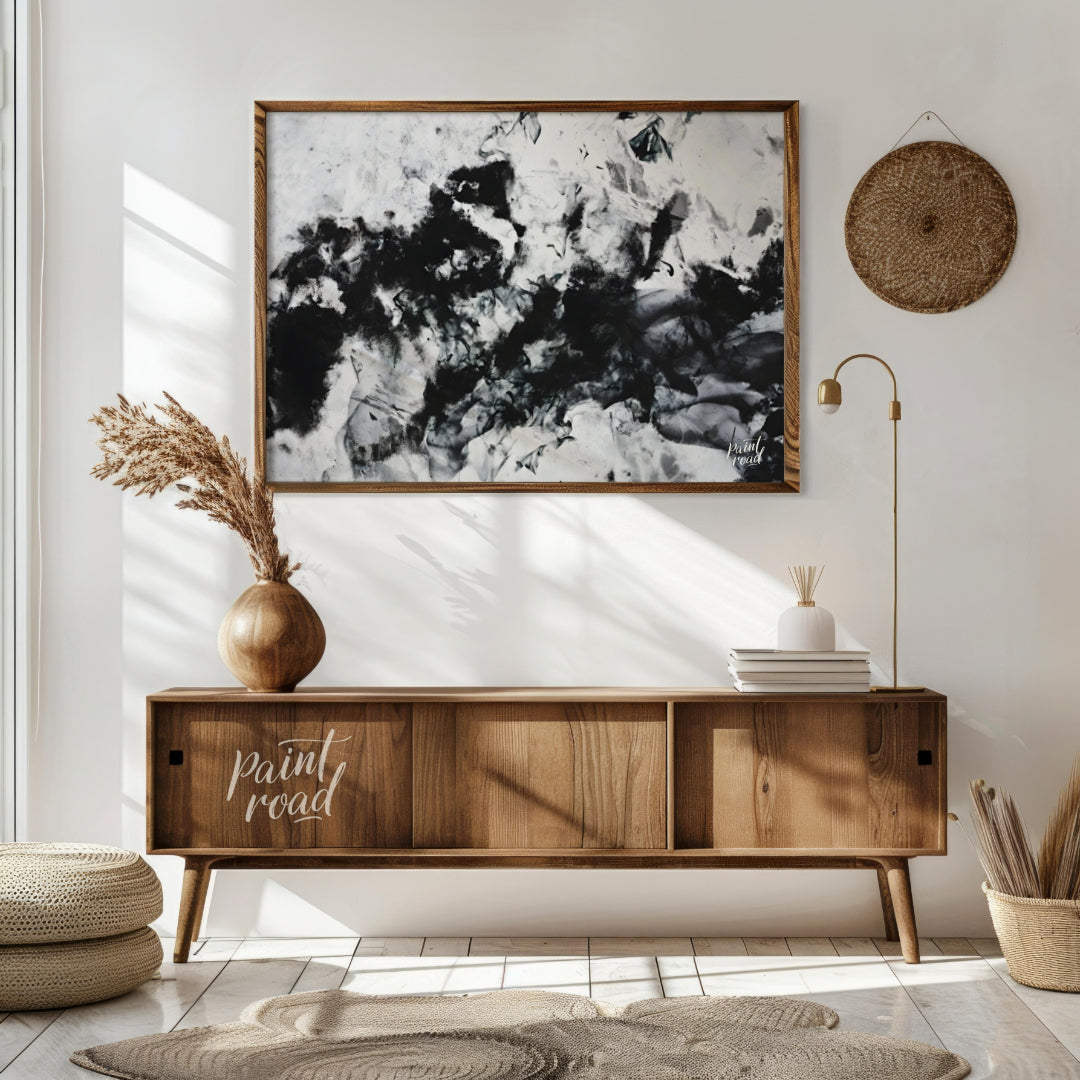 """Ink Nebula"" presents an abstract composition with a dynamic interplay of black ink against a li… for living room