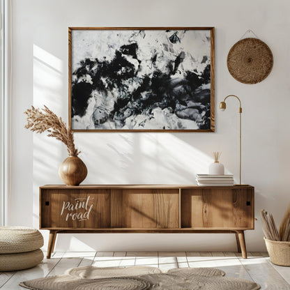 """Ink Nebula"" presents an abstract composition with a dynamic interplay of black ink against a li… for living room