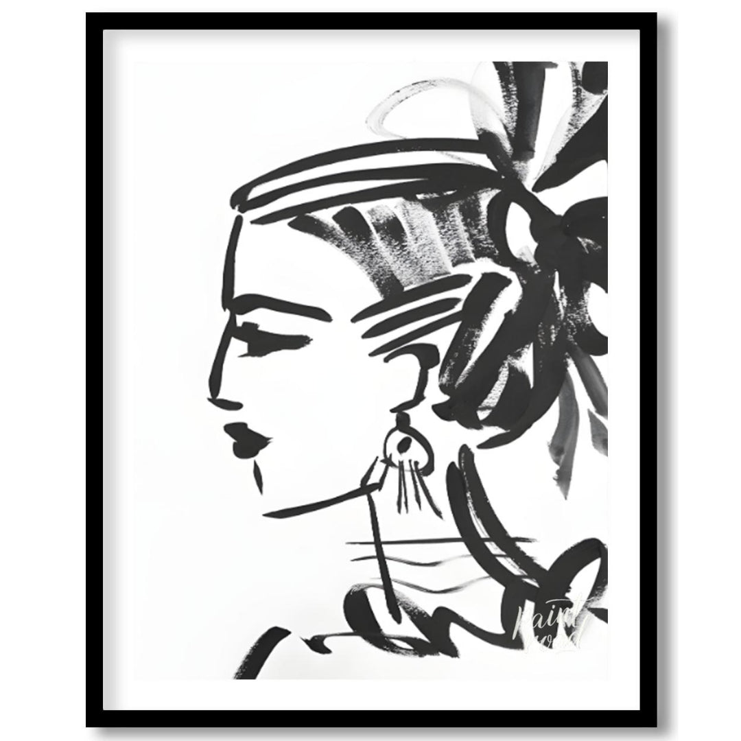 """Ink Profile"" presents a striking portrait sketch rendered in bold black ink against a clean whi… for area