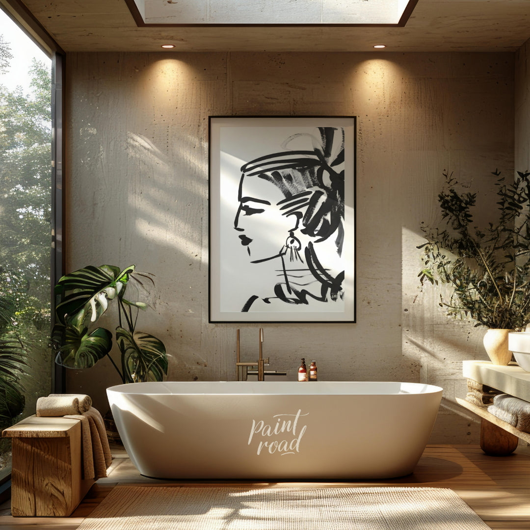 """Ink Profile"" presents a striking portrait sketch rendered in bold black ink against a clean whi… for bathroom