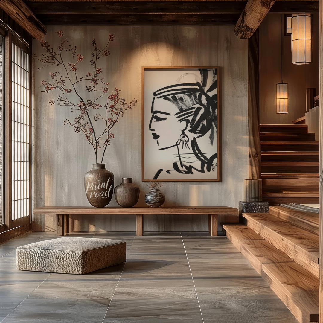"""Ink Profile"" presents a striking portrait sketch rendered in bold black ink against a clean whi… for entryway