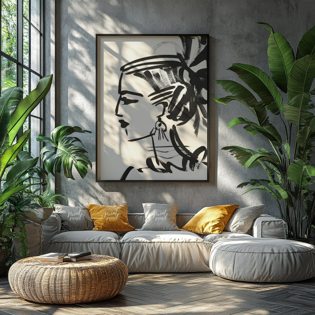 """Ink Profile"" presents a striking portrait sketch rendered in bold black ink against a clean whi… for living room