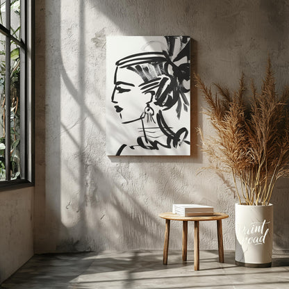 """Ink Profile"" presents a striking portrait sketch rendered in bold black ink against a clean whi… for living room