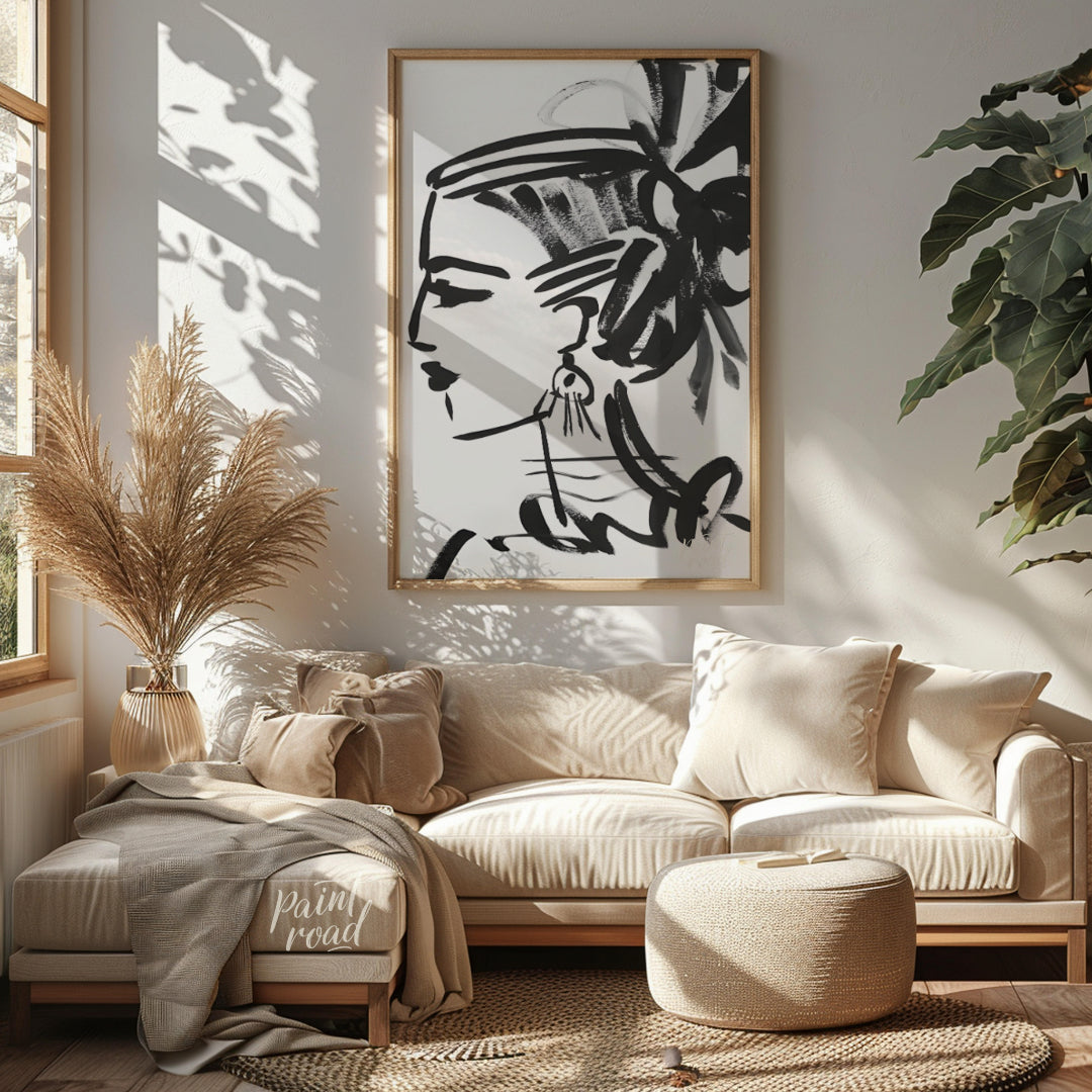 """Ink Profile"" presents a striking portrait sketch rendered in bold black ink against a clean whi… for living room