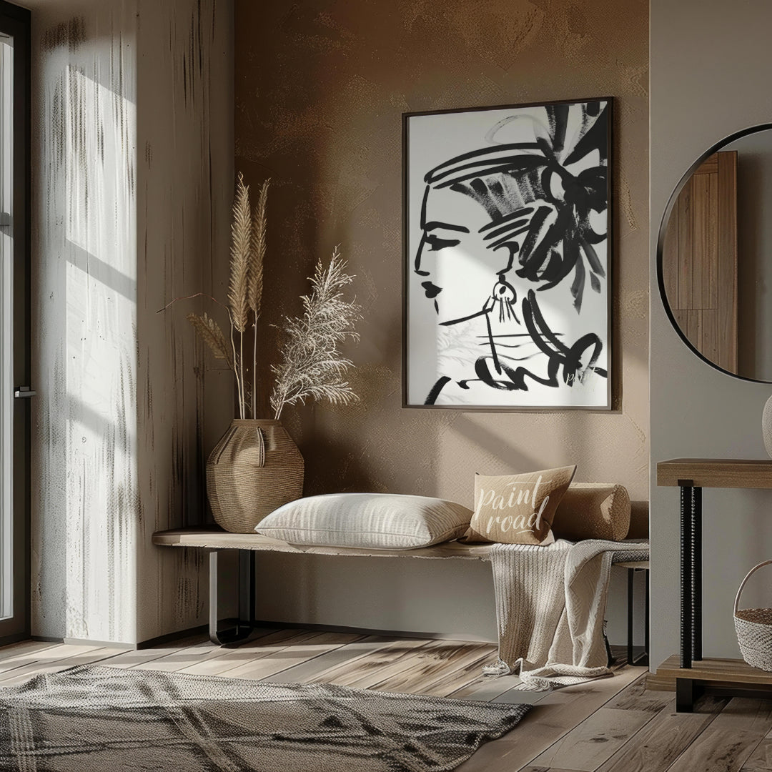 """Ink Profile"" presents a striking portrait sketch rendered in bold black ink against a clean whi… for living room