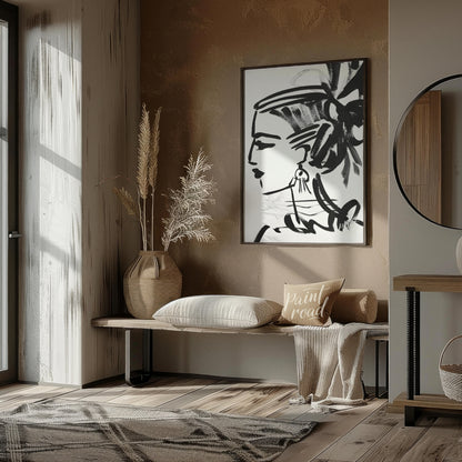 """Ink Profile"" presents a striking portrait sketch rendered in bold black ink against a clean whi… for living room