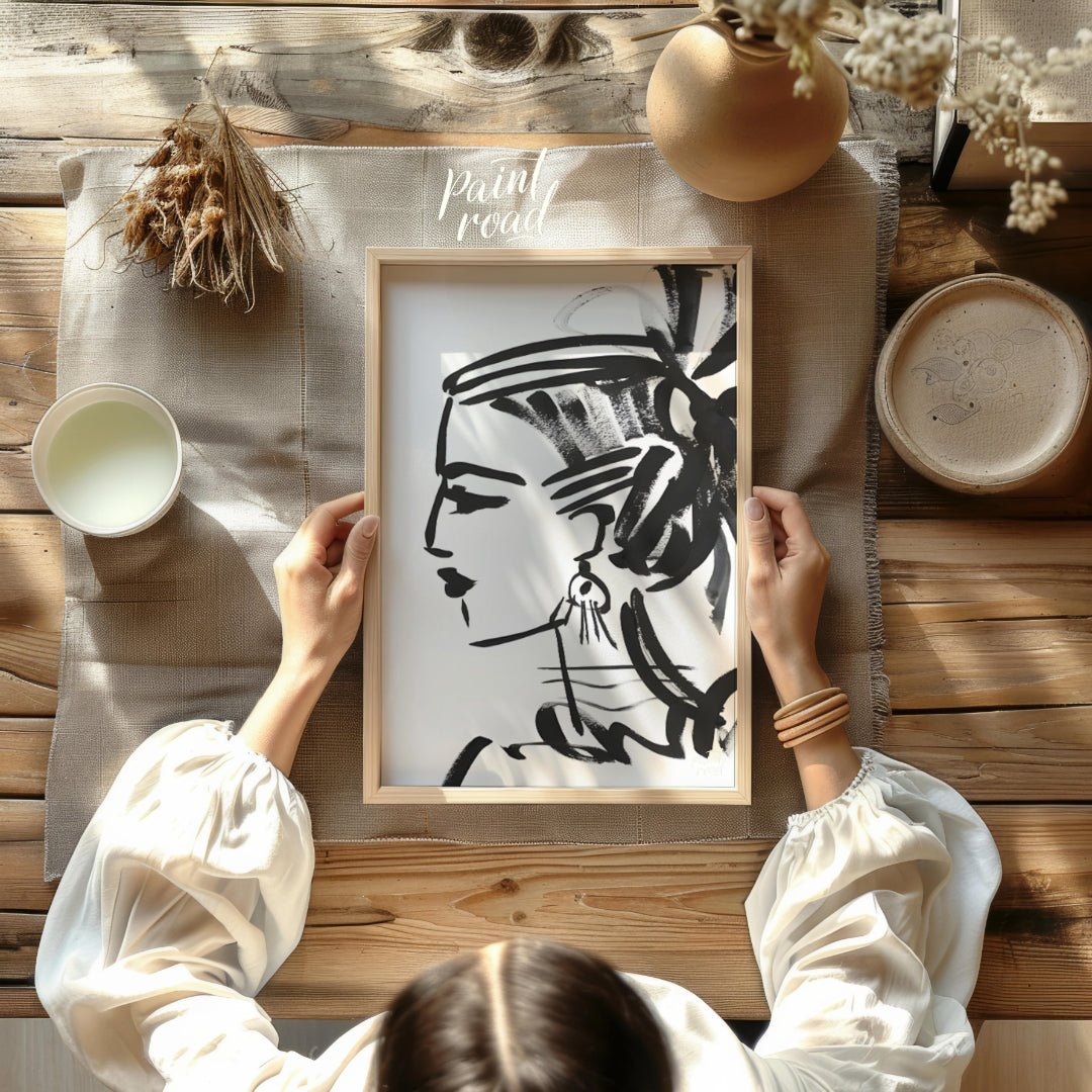 """Ink Profile"" presents a striking portrait sketch rendered in bold black ink against a clean whi… for other