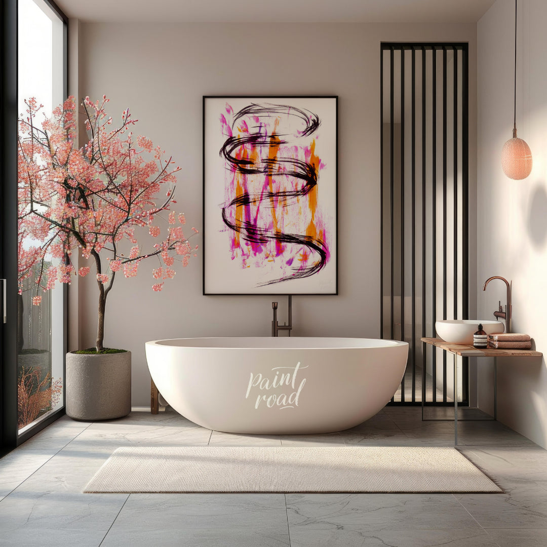This artwork features a striking black ink spiral against a backdrop of vibrant pink and orange hue… for bathroom