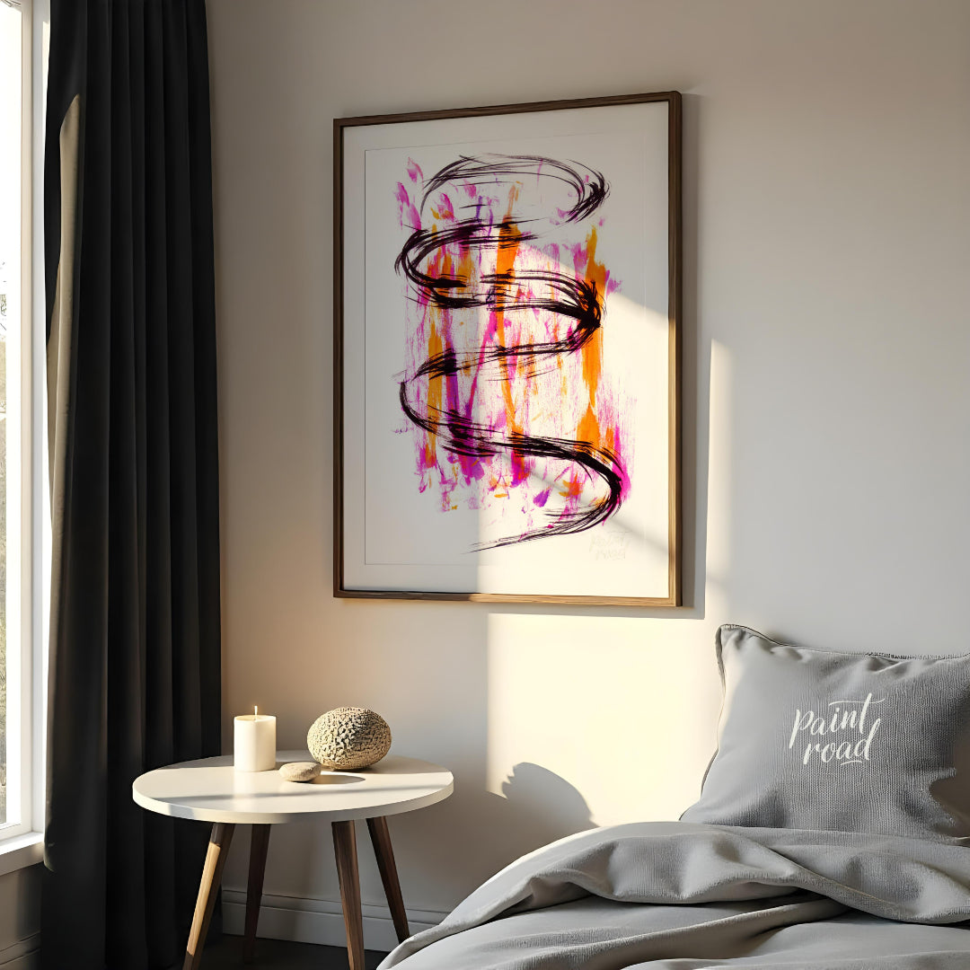 This artwork features a striking black ink spiral against a backdrop of vibrant pink and orange hue… for bedroom