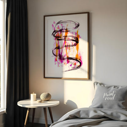 This artwork features a striking black ink spiral against a backdrop of vibrant pink and orange hue… for bedroom