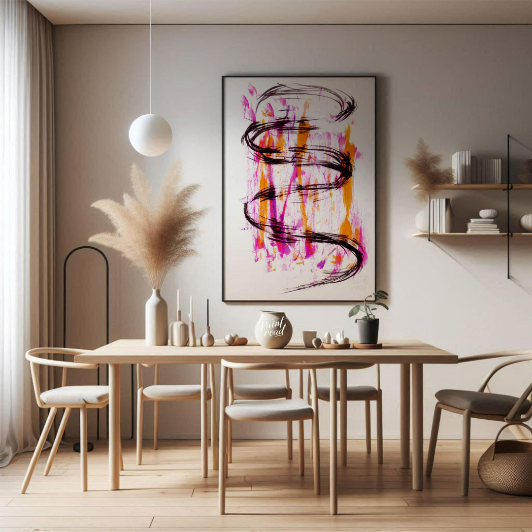 This artwork features a striking black ink spiral against a backdrop of vibrant pink and orange hue… for dining room
