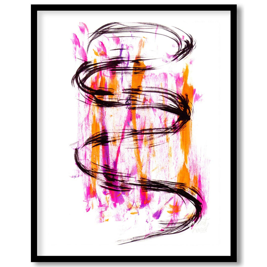 This artwork features a striking black ink spiral against a backdrop of vibrant pink and orange hue… for house