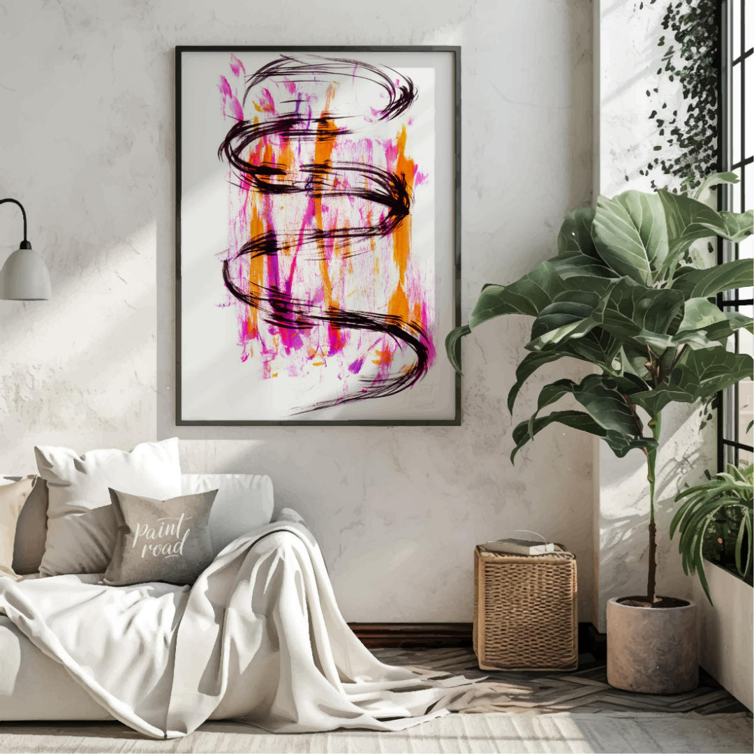This artwork features a striking black ink spiral against a backdrop of vibrant pink and orange hue… for living room