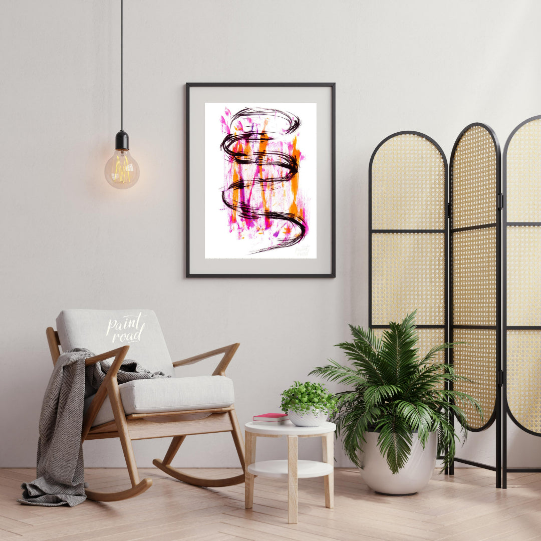 This artwork features a striking black ink spiral against a backdrop of vibrant pink and orange hue… for living room