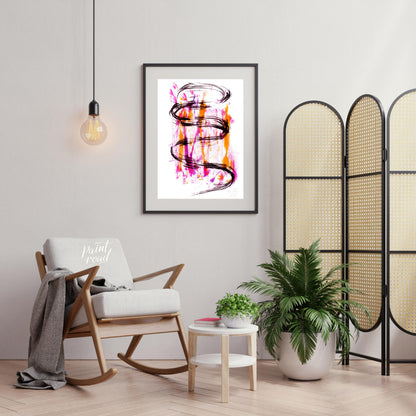 This artwork features a striking black ink spiral against a backdrop of vibrant pink and orange hue… for living room