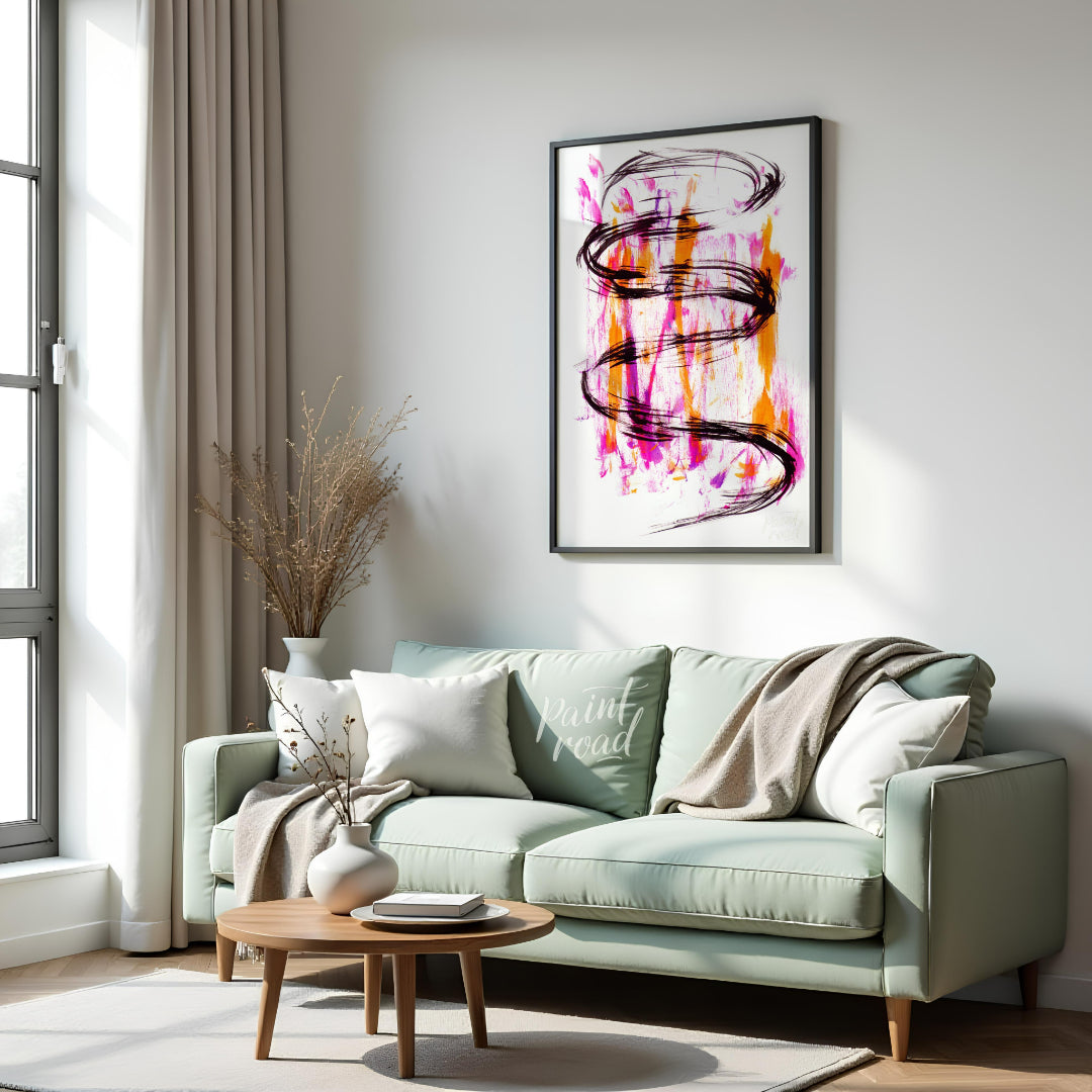 This artwork features a striking black ink spiral against a backdrop of vibrant pink and orange hue… for living room