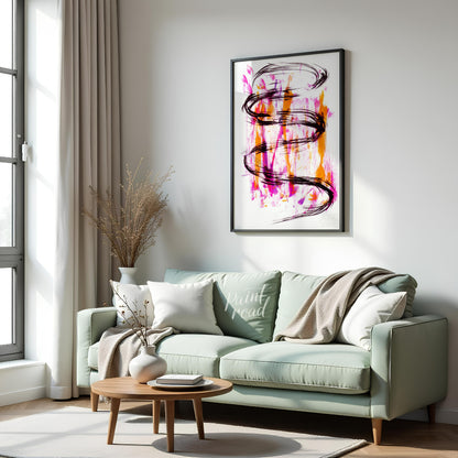 This artwork features a striking black ink spiral against a backdrop of vibrant pink and orange hue… for living room