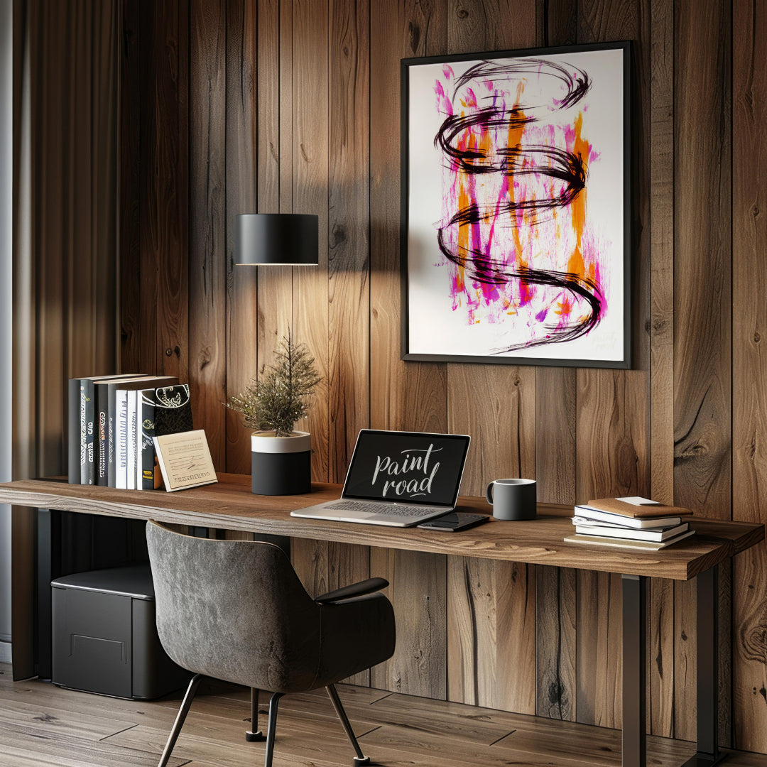 This artwork features a striking black ink spiral against a backdrop of vibrant pink and orange hue… for office