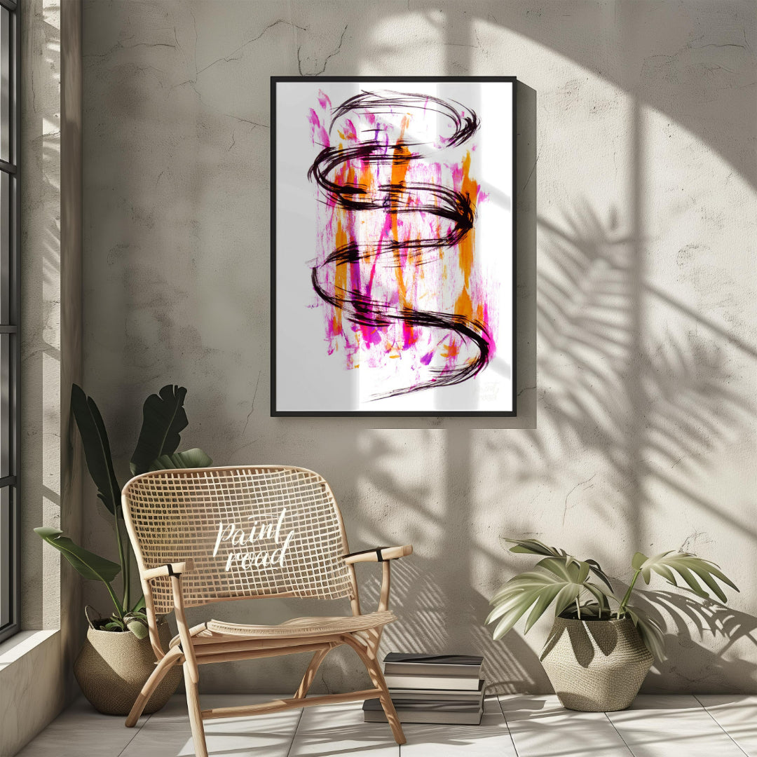 This artwork features a striking black ink spiral against a backdrop of vibrant pink and orange hue… for other
