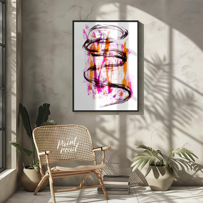 This artwork features a striking black ink spiral against a backdrop of vibrant pink and orange hue… for other