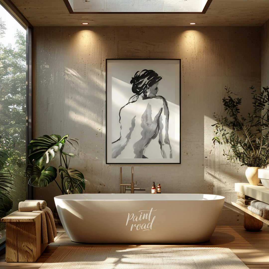 """Ink Study: Back View"" presents a gestural figure drawing rendered in black ink against a light … for bathroom