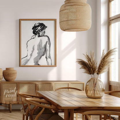 """Ink Study: Back View"" presents a gestural figure drawing rendered in black ink against a light … for dining room