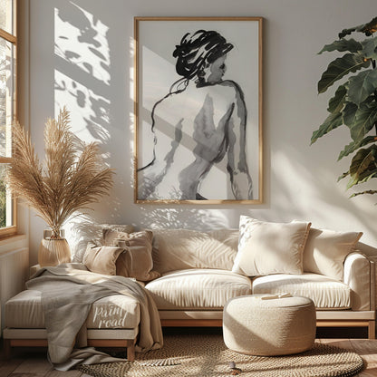 """Ink Study: Back View"" presents a gestural figure drawing rendered in black ink against a light … for living room