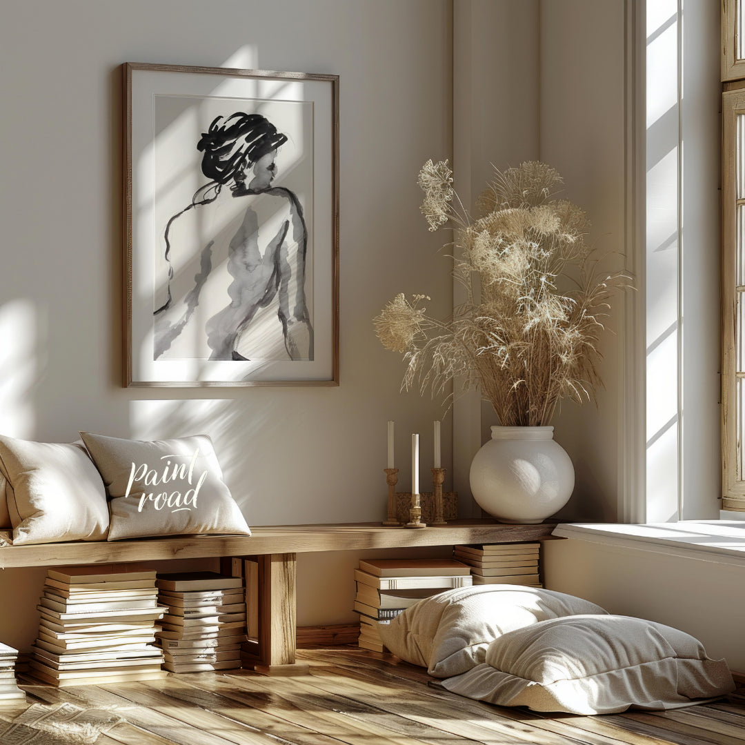 """Ink Study: Back View"" presents a gestural figure drawing rendered in black ink against a light … for living room