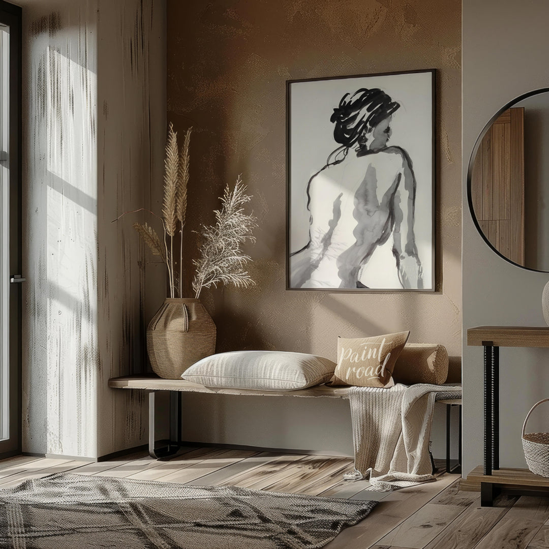 """Ink Study: Back View"" presents a gestural figure drawing rendered in black ink against a light … for living room