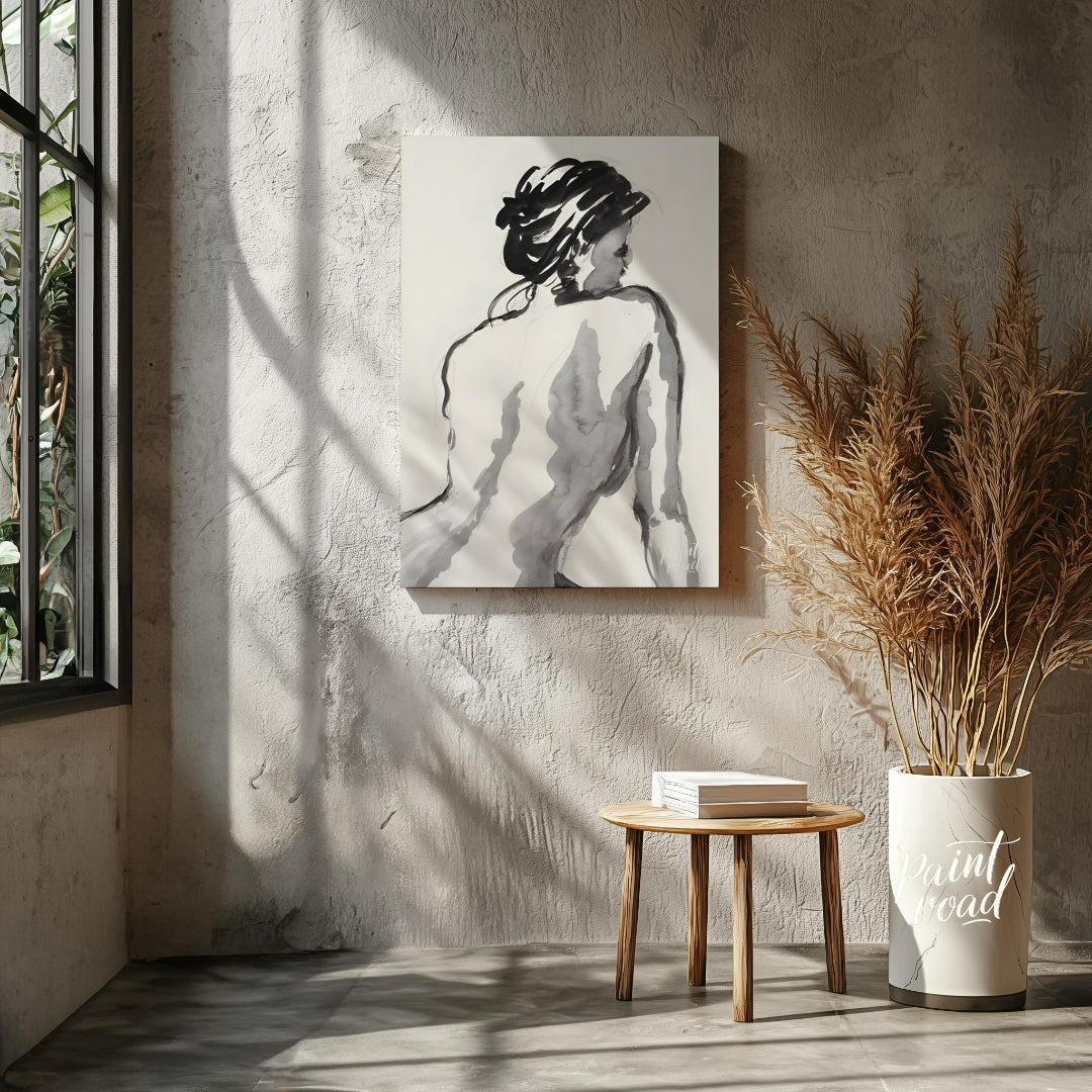 """Ink Study: Back View"" presents a gestural figure drawing rendered in black ink against a light … for other