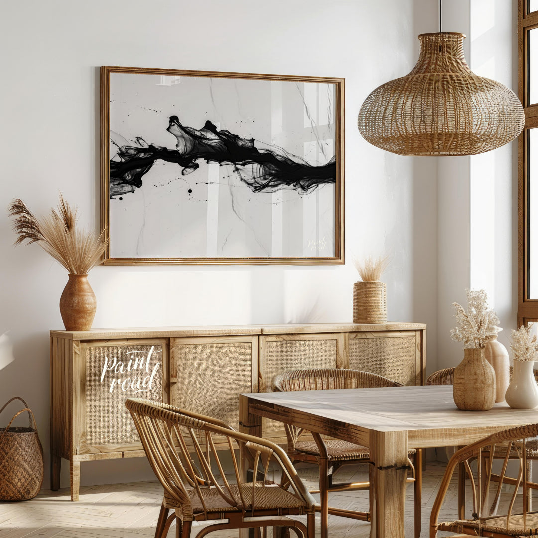This striking artwork features a dynamic surge of black ink against a light, marbled background. Th… for dining room
