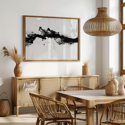This striking artwork features a dynamic surge of black ink against a light, marbled background. Th… for dining room