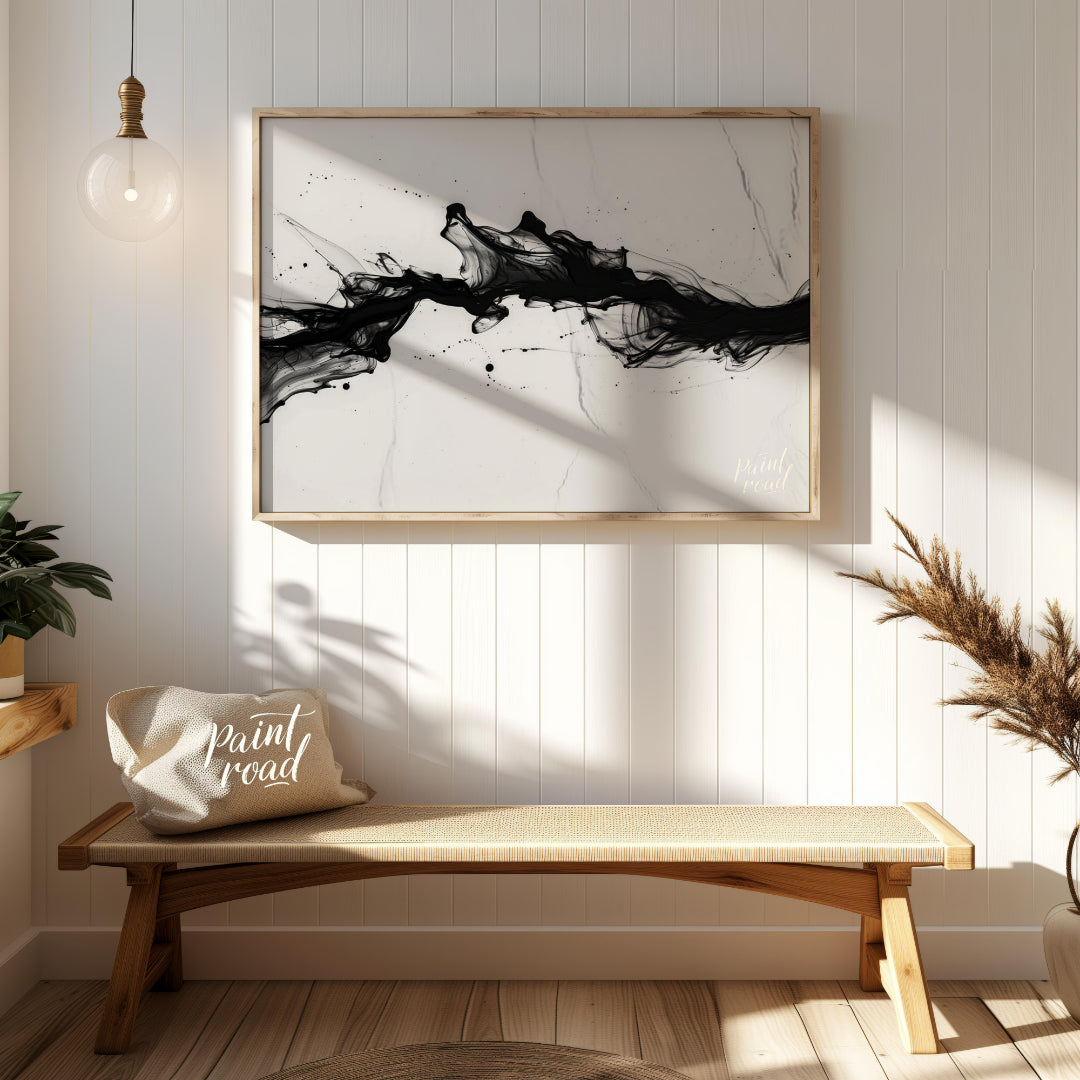 This striking artwork features a dynamic surge of black ink against a light, marbled background. Th… for entryway