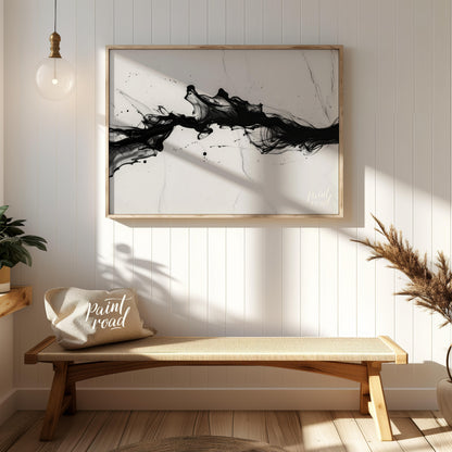 This striking artwork features a dynamic surge of black ink against a light, marbled background. Th… for entryway