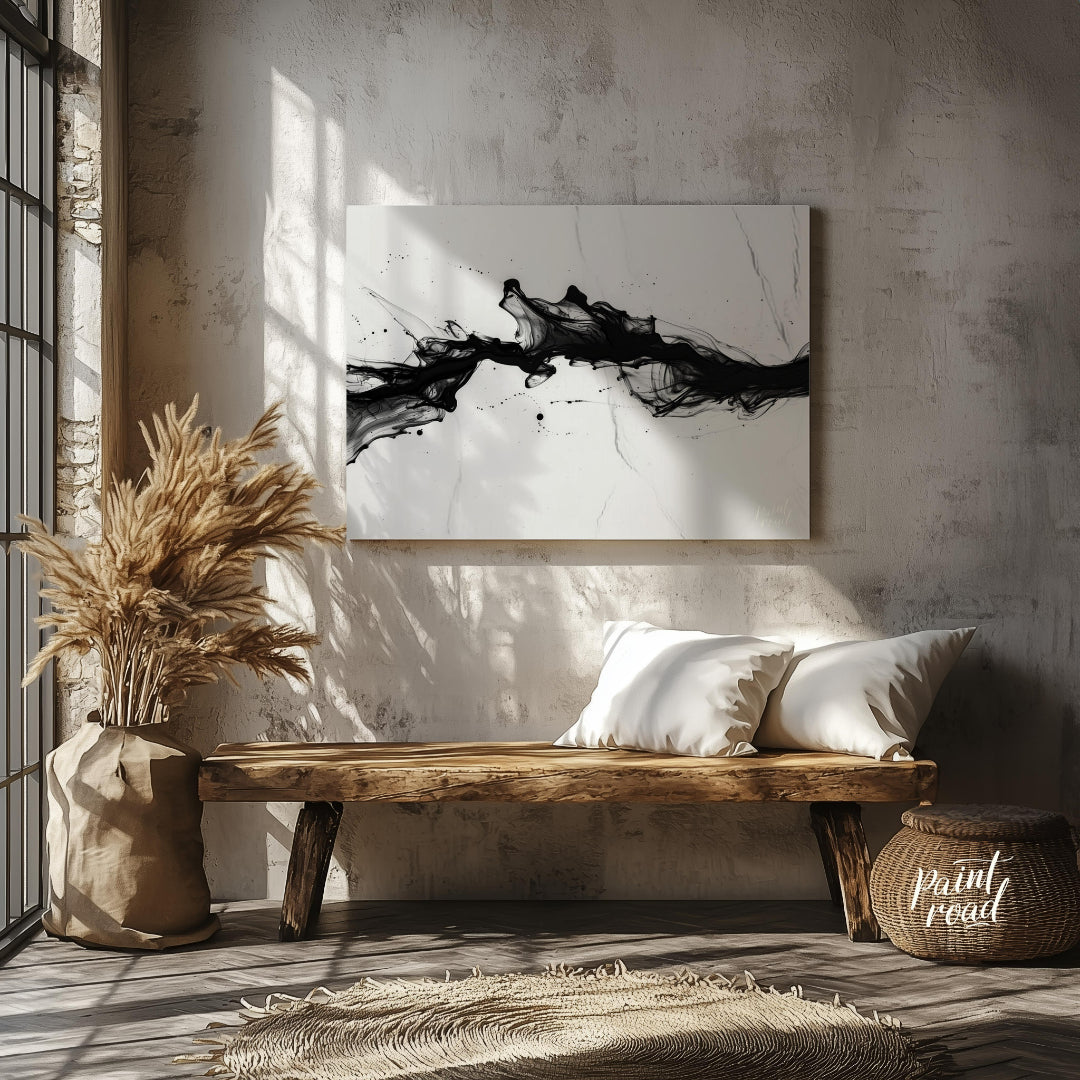 This striking artwork features a dynamic surge of black ink against a light, marbled background. Th… for entryway