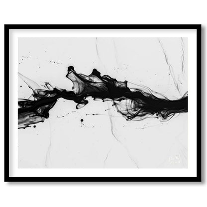 This striking artwork features a dynamic surge of black ink against a light, marbled background. Th… for home
