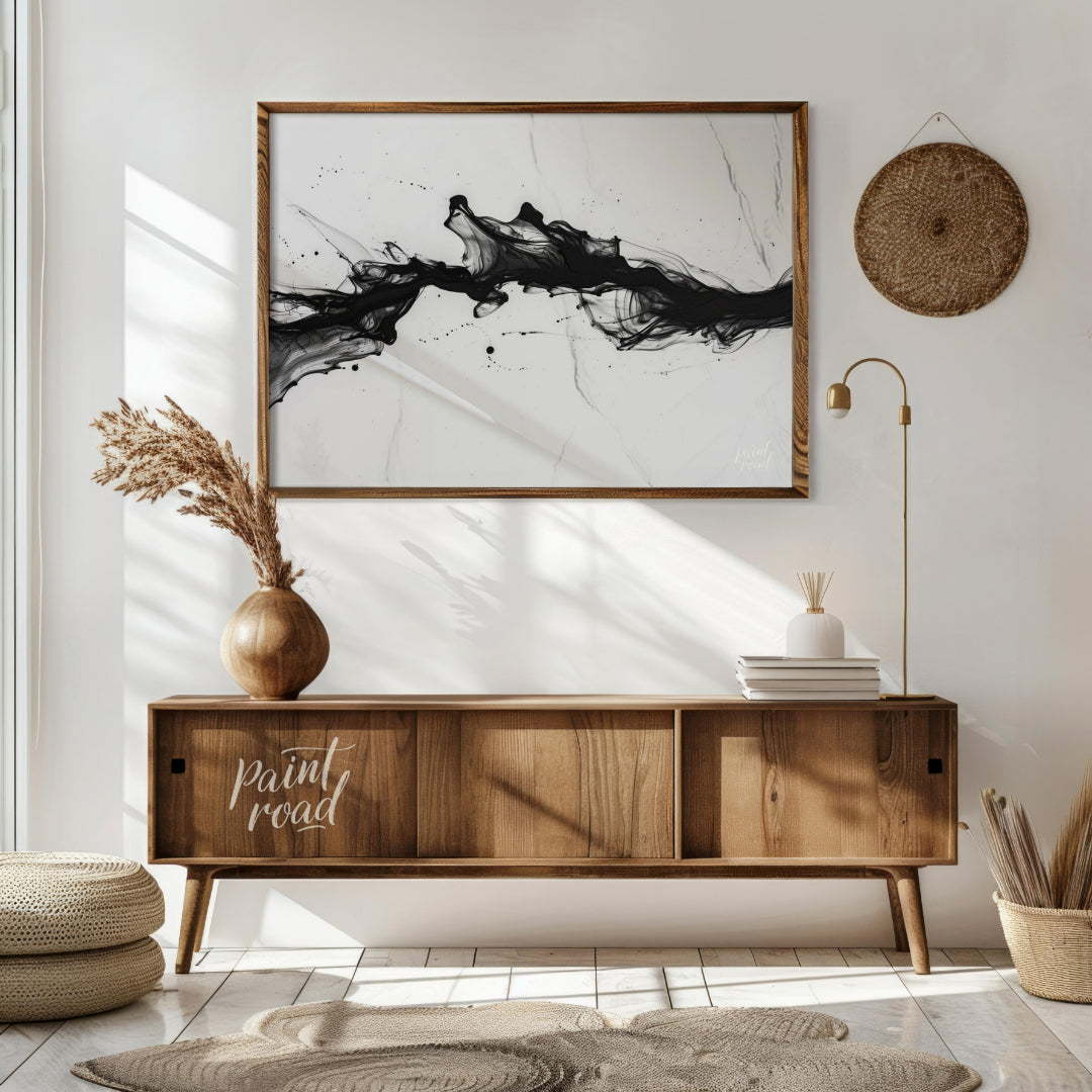 This striking artwork features a dynamic surge of black ink against a light, marbled background. Th… for living room