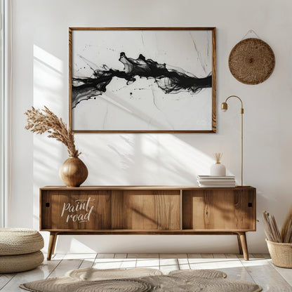 This striking artwork features a dynamic surge of black ink against a light, marbled background. Th… for living room