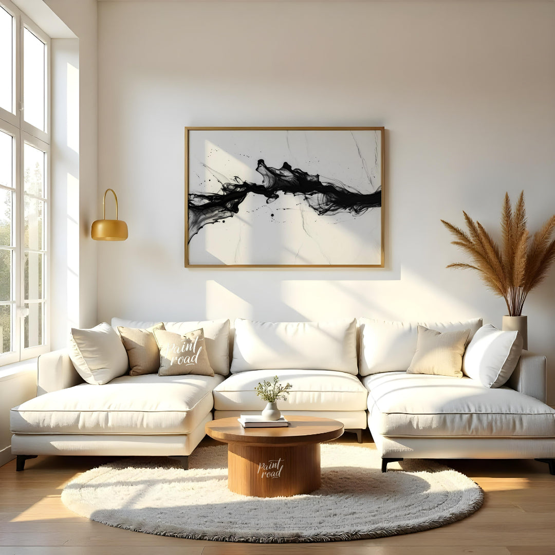 This striking artwork features a dynamic surge of black ink against a light, marbled background. Th… for living room