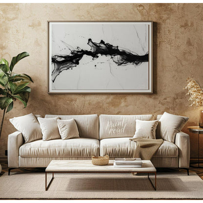 This striking artwork features a dynamic surge of black ink against a light, marbled background. Th… for living room
