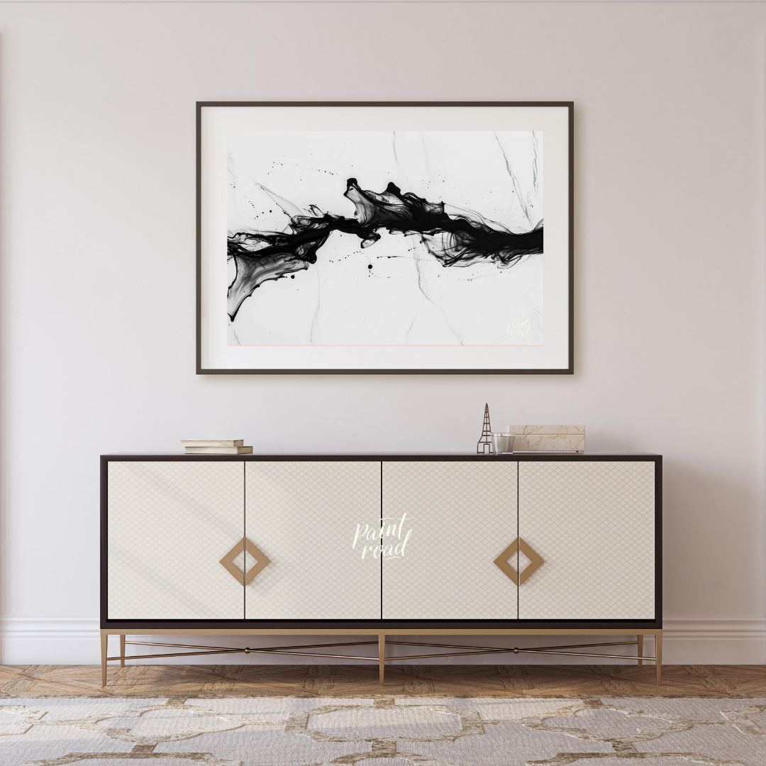 This striking artwork features a dynamic surge of black ink against a light, marbled background. Th… for living room
