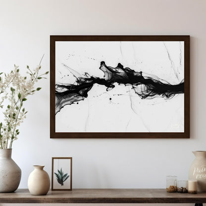 This striking artwork features a dynamic surge of black ink against a light, marbled background. Th… for living room