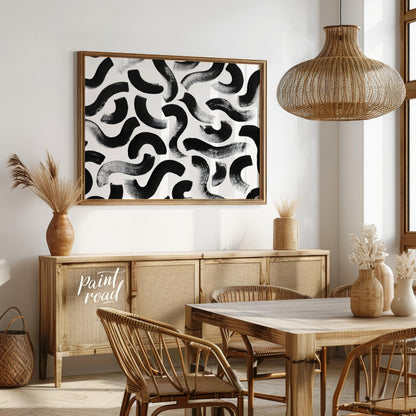 "Ink Swirls" presents a dynamic pattern of bold black ink strokes against a stark white background.… for dining room