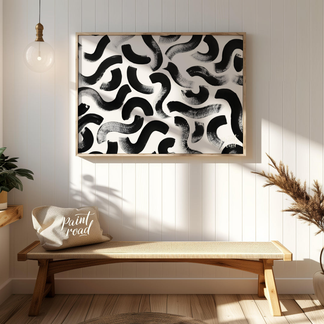 "Ink Swirls" presents a dynamic pattern of bold black ink strokes against a stark white background.… for entryway