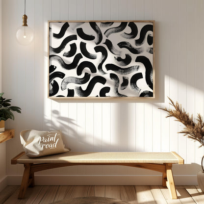 "Ink Swirls" presents a dynamic pattern of bold black ink strokes against a stark white background.… for entryway