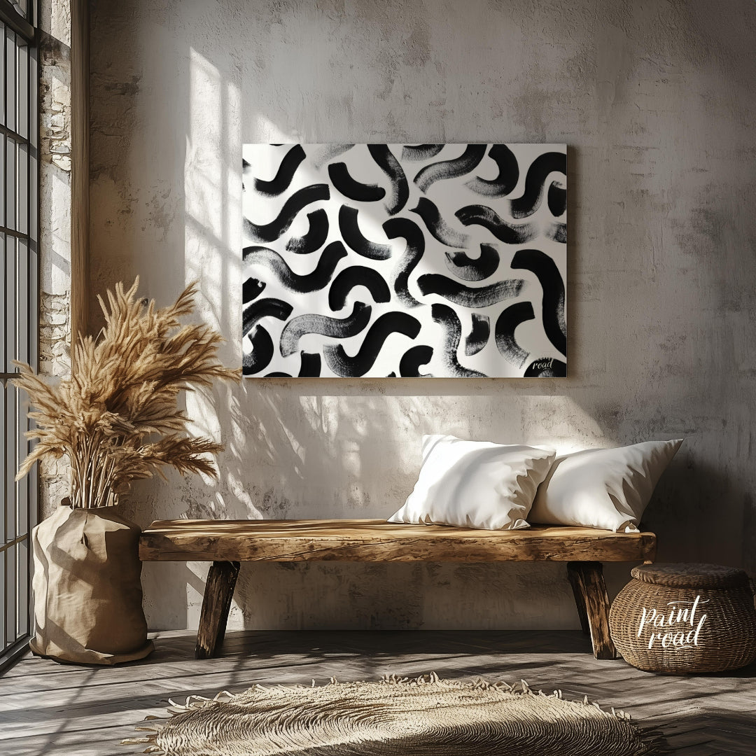 "Ink Swirls" presents a dynamic pattern of bold black ink strokes against a stark white background.… for entryway