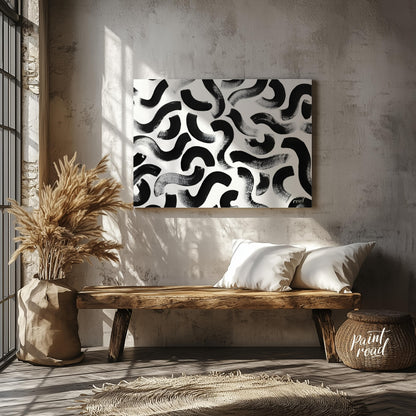 "Ink Swirls" presents a dynamic pattern of bold black ink strokes against a stark white background.… for entryway