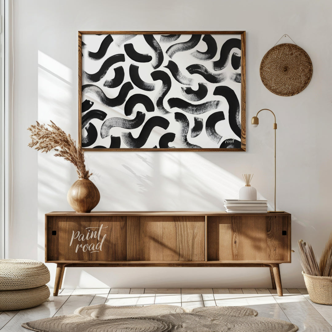 "Ink Swirls" presents a dynamic pattern of bold black ink strokes against a stark white background.… for living room